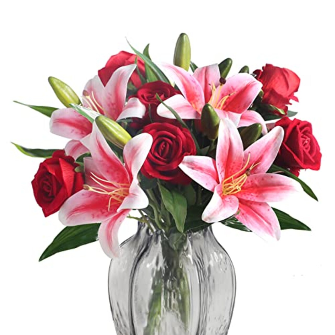 11pcs Artificial Flowers Red Fake Roses and Pink Tiger Lily Fake Valentines Flowers Bouquet for Wedding Bouquet Silk Floral Arrangement Home Table Decor Party Valentine's Day Gift (No Vase)